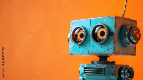 An "AI" robot stands against an orange backdrop, symbolizing artificial intelligence, technological progress, and the future of technology.






