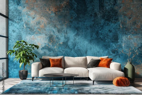 A 3D rendering portrays a contemporary living room with a welcoming ambiance, enhanced by a backdrop of warm blue wall texture, creating a cozy and inviting atmosphere.






