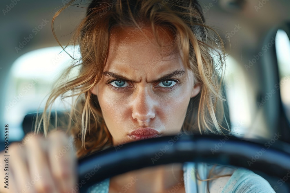 Portrait of an aggressive woman behind the wheel shouting at the car in front. Aggressive driving, accident on the road Portrait of an aggressive woman behind the wheel shouting at the car in front. Aggressive driving, accident on the road