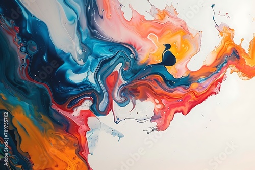 : A bold and abstract representation of liquid or fluid substances, with a rich and vibrant color palette, set against a stark white background photo