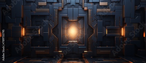 Futuristic 3D squares and geometric lines forming a secure vault door, dark tones,