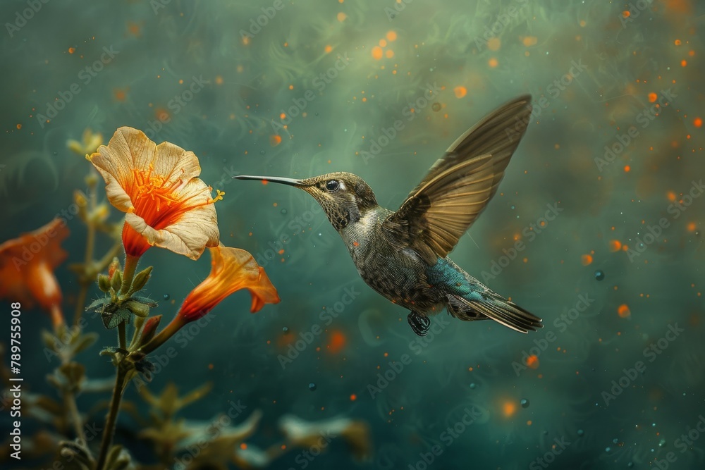 Fototapeta premium An incredible luxury photo of a hummingbird in flight near a flower.