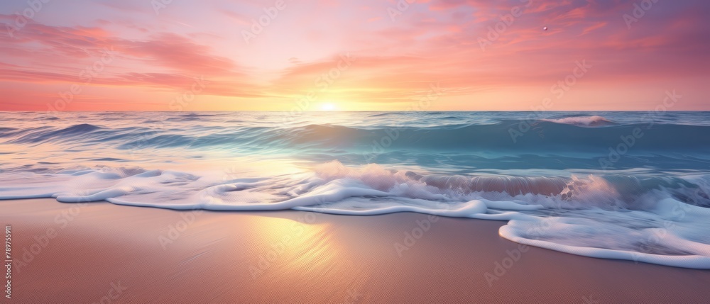 Fototapeta premium Gentle waves on a sandy beach at sunset, hyper-realistic 3D, minimalist,