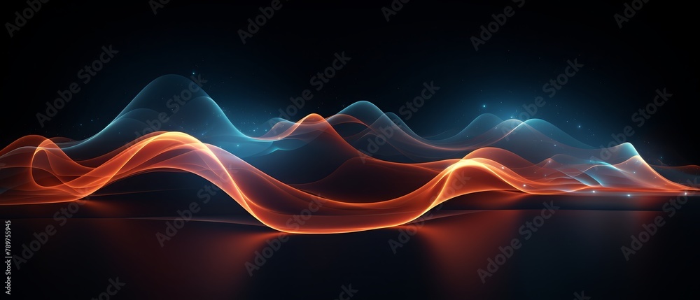 Glowing energy wave flowing through a dark void, minimalistic 3D,