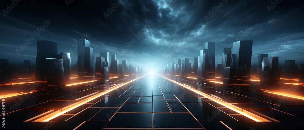High-tech 3D squares and geometric beams creating a futuristic highway, dark minimalist style, High-tech 3D squares and geometric beams creating a futuristic highway, dark minimalist style,