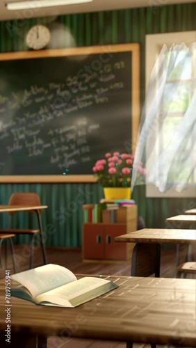 Blurred classroom setting with desks and chalkboard; suitable for educational presentations, background images for schoolrelated content, or educational ads. photo