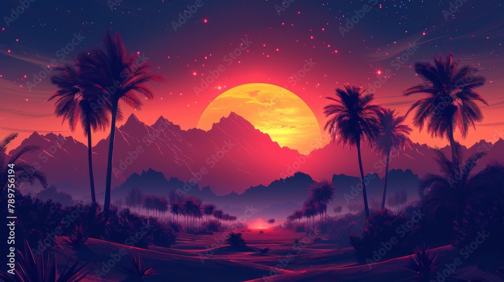 A digital illustration captures a desert sunset landscape, complete with palm trees and mountains, evoking a retro 80s vibe with its distinctive style.







