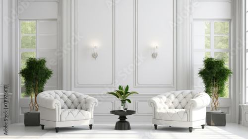 Two white tufted armchairs in white room with high ceiling. Interior design of modern living room. Generative AI