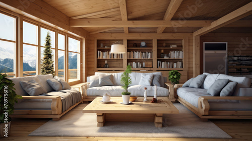 Wooden chalet with modern furniture. Interior design of modern living room. Generative AI