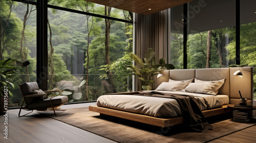 Interior design of modern bedroom with big windows in tropical forest. Generative AI © Fang