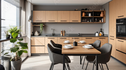 Modern interior design of kitchen with dining table and chairs in studio apartment. Generative AI