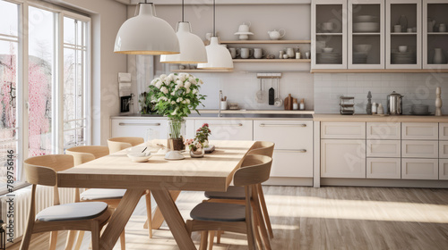 Scandinavian interior design of kitchen with island  dining table and chairs. Generative AI