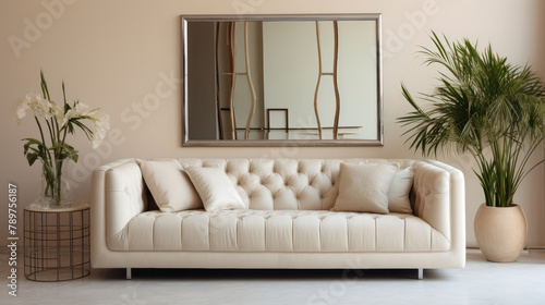 Tufted beige sofa and big mirror. Interior design of modern living room. Generative AI