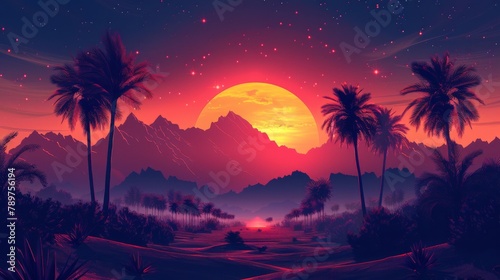 A digital illustration captures a desert sunset landscape, complete with palm trees and mountains, evoking a retro 80s vibe with its distinctive style.
