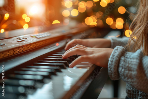 Hands, piano key and playing in closeup with bokeh in studio with child development for learning. Recital, musical and sound with talent in creative with musician for audio with recording for song