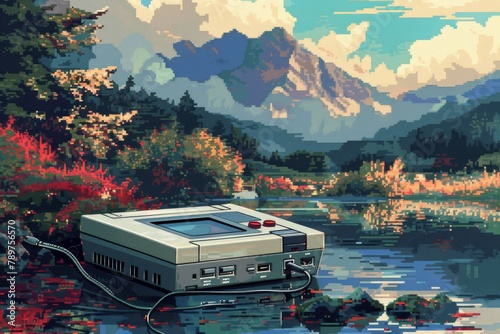 A digital illustration features an old video game console with a landscape backdrop, rendered in nostalgic 16-bit pixel art style.






