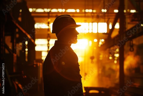 Silhouette of worker at construction site in sunset. Building industry concept