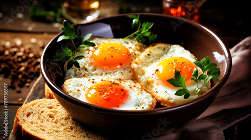 Fried eggs in a brown ceramic bowl. Generative ai. photo