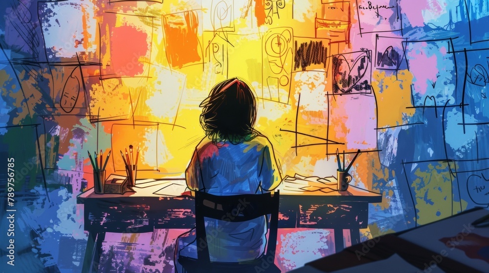 A person sitting at a small table surrounded by pencils and paints intently creating visual representations of their story onto a large storyboard. .