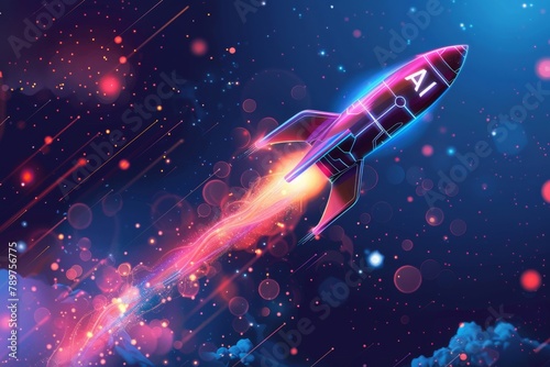 A rocket launches with "AI" emblazoned, symbolizing the synergy between startups and artificial intelligence, soaring towards innovation and advancement.