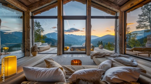 Savor the crisp mountain air while drifting into a tranquil slumber coed in luxurious linens and surrounded by stunning alpine views. 2d flat cartoon.