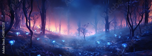 Future forest aglow with indigo frost, wide-angle, ethereal lighting, surreal 3D style, 