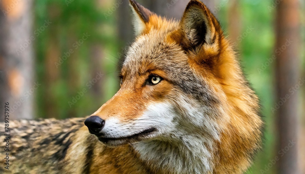 red wolf - Canis rufus - a canine native to the southeastern United States. Its size is intermediate between the coyote C. latrans and gray wolf - C. lupus - head and face view with tree and forest red wolf - Canis rufus - a canine native to the southeastern United States. Its size is intermediate between the coyote C. latrans and gray wolf - C. lupus - head and face view with tree and forest