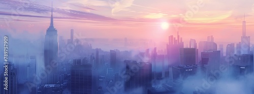 Utopian skyline  sunrise  harmonious design  pastel skies  serene  futuristic concept art  