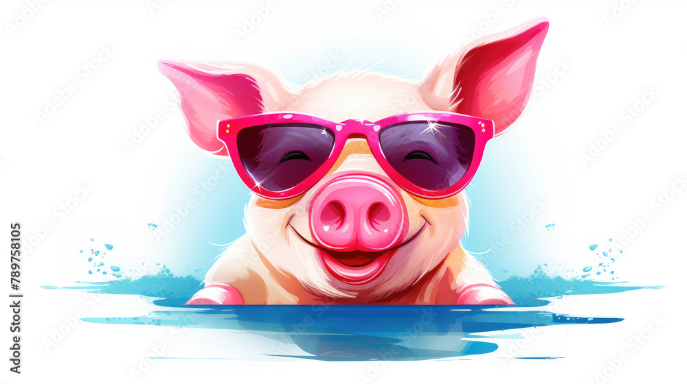 Funny cartoon party pig wearing pink sunglasses isolated over white background. Colorful joyful greeting card for birthday or other festive events. Generative AI