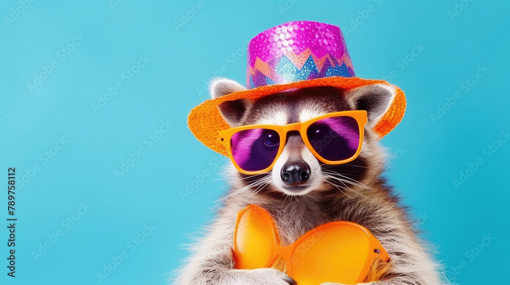 Funny party raccoon wearing colorful summer hat and stylish sunglasses isolated over white background. Colorful joyful greeting card for birthday or other festive events. Generative AI