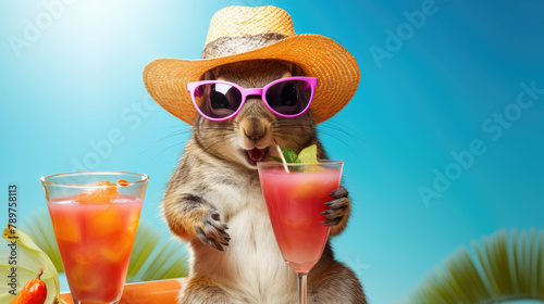 Funny squirrel wearing colorful summer hat and stylish sunglasses  holding glass with drink on beach chair isolated over white. Summer holiday and vacation concept. Generative AI