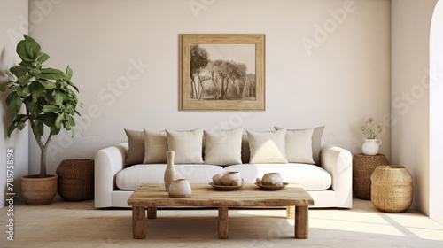 Mediterranean interior design of modern living room. Rustic sofa and coffee table in room with white stucco walls. Generative AI