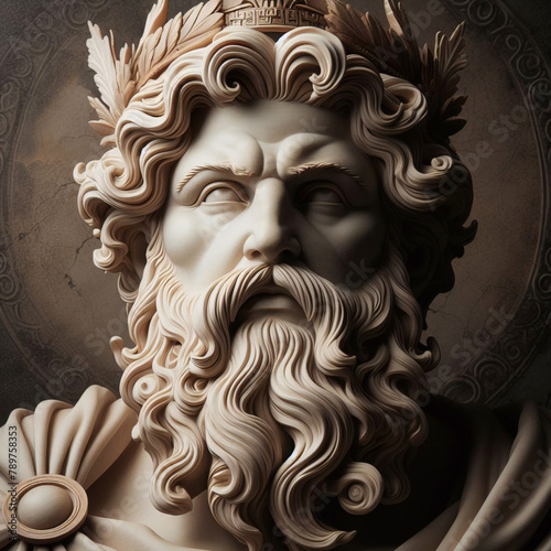 Illustration of a Renaissance statue of Zeus  king of the gods. god of sky and thunder. Zeus the king of the Greek gods ready to hurl lightning bolts down upon the earth and mankind. 