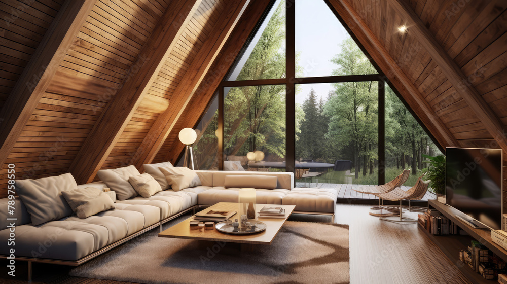 Attic interior design of modern living room in wooden house in forest. Generative AI Attic interior design of modern living room in wooden house in forest. Generative AI