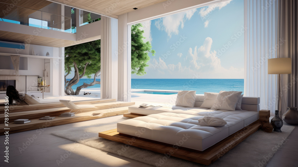 Interior design of modern living room in beach house. Generative AI