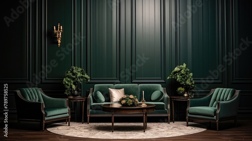 Green velvet sofa and armchairs in room with paneling walls. Interior design of neoclassical living room. Generative AI
