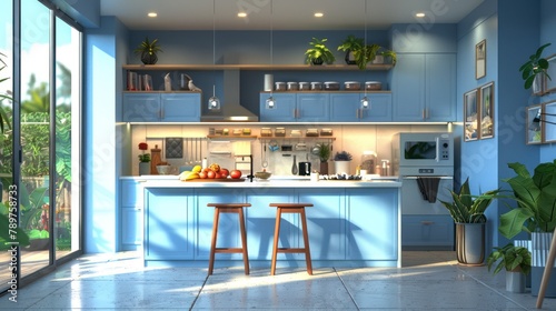 Blue Kitchen Interior with Stylish Island, White Countertops, Cozy Atmosphere, and Animated Working Space