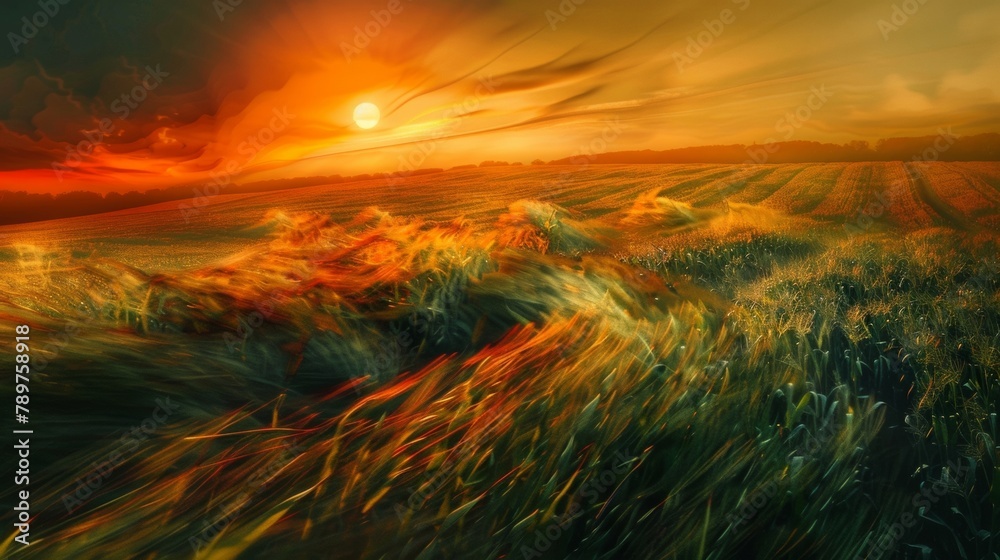 The sun dips below the horizon casting a warm orange light over the cornfields their stalks swaying like waves in the wind. Nature and technology merge in this expressionist vision . - obrazy, fototapety, plakaty 