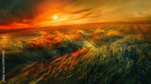 The sun dips below the horizon casting a warm orange light over the cornfields their stalks swaying like waves in the wind. Nature and technology merge in this expressionist vision . photo