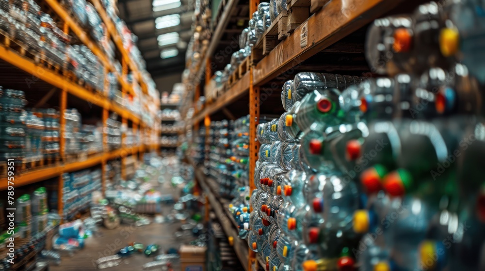 Organized Chaos: Rows of Bottles on Shelves in Waste Management Facility Organized Chaos: Rows of Bottles on Shelves in Waste Management Facility