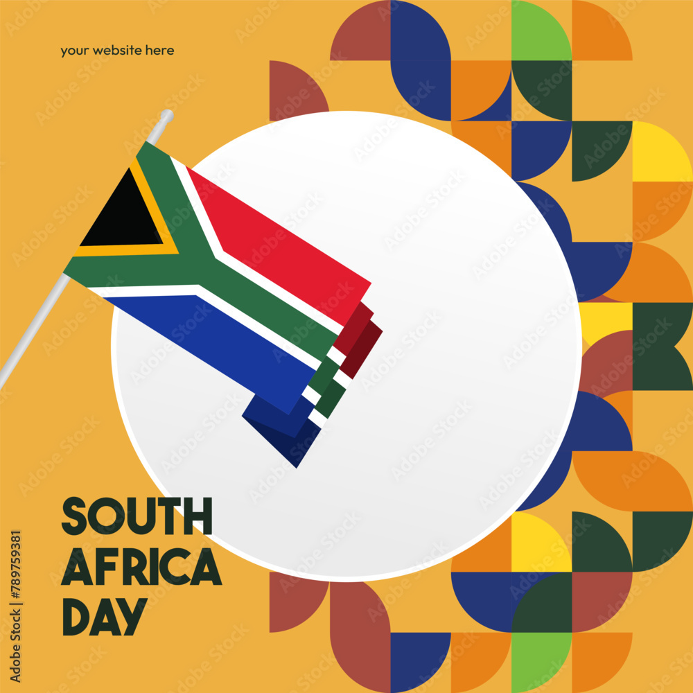 Obraz premium South Africa National Independence Day square banner. Modern geometric abstract background in colorful style for South Africa day. South Africa Independence greeting card cover with country flag.
