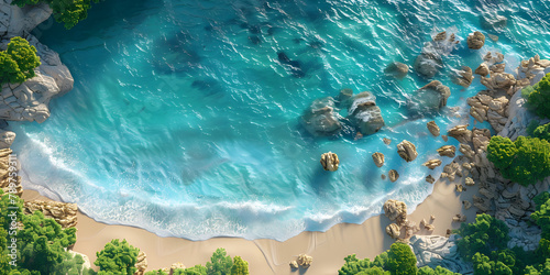 A 3D aerial view of a summer beach with blue ocean water, perfect for vacation and relaxation.