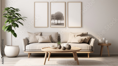 Beige sofa and wooden round coffee table against white wall with two frames. Scandinavian style home interior design of modern living room. Generative AI