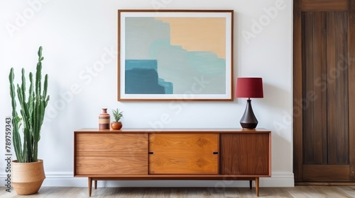 Wooden cabinet against white wall with big art poster frame. Mid-century style home interior design of modern living room. Generative AI