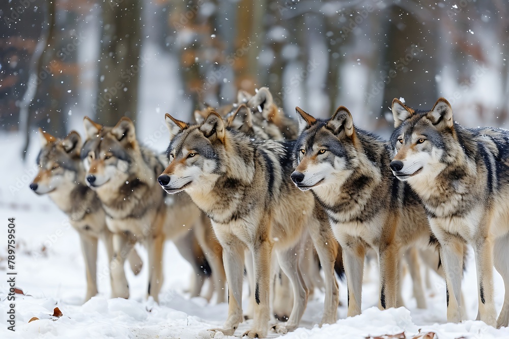 A pack of wolves in snow .