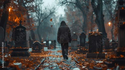 Solitude at the Cemetery: AI-Generated Rear View of a Lonely Person Visiting Relatives © hisilly