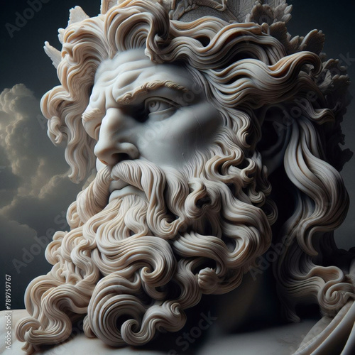 Illustration of a Renaissance statue of Zeus, king of the gods. god of sky and thunder. Zeus the king of the Greek gods ready to hurl lightning bolts down upon the earth and mankind. 