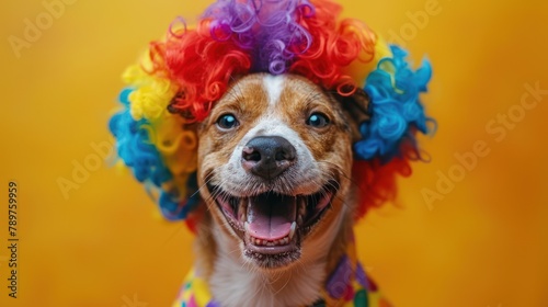 Funny Fido in Colorful Wig and Joker Costume for April Fool's Day photo