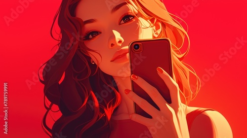 2d illustration of the concept icon for taking a selfie photo on a smartphone set against a vibrant red background photo