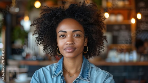 Stylish Afro American Woman in Denim Shirt, Enjoying City Cafe Scene - AI Generated Portrait